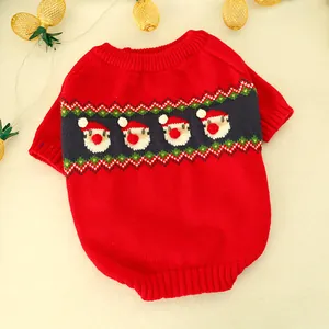 Red Christmas knit sweater for dogs and cats featuring reindeer and Santa patterns