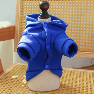 Royal blue hooded pet sweatshirt with snap buttons for small dogs and cats