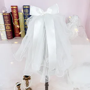 Elegant white satin bow wedding veil with pearls for small dogs and pet photography