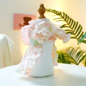 Detail of floral pet summer dress featuring multi-layer ruffles and delicate lace trim