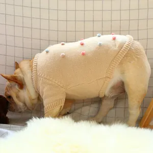 Detail of beige knit pet sweater with colorful pom-poms on a French bulldog model