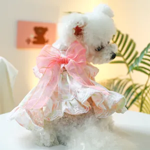 Close-up of pink pet dress with floral patterns, lace edges and large mesh bow detail