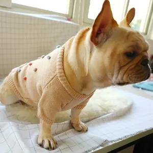 Detail of a beige knit dog sweater with colorful 3D pompoms on a French Bulldog