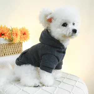 Close-up of dark grey hooded pet sweatshirt with back pocket for small dogs