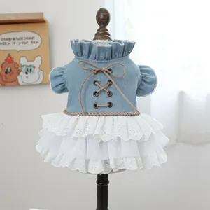 Cute denim pet dress for small dogs with lace layers and elegant brown cross-straps
