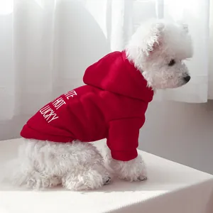 Detail of red pet hoodie with CUTE HOT LUCKY print on soft cotton fabric