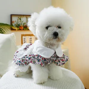 Détail de robe florale pour chien avec ourlet à dentelle et grand col blanc élégant