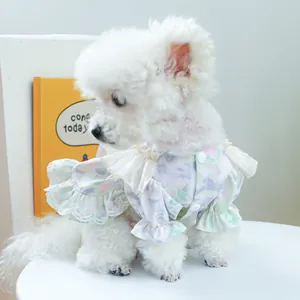 Close-up of floral pet dress with delicate white lace trim and ruffle hem details