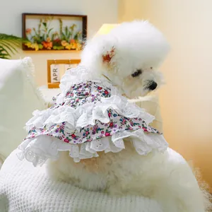 Détail d'une robe fleurie pour chien avec bordure en dentelle et anneau en D de laisse