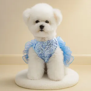Blue glitter mesh pet wedding dress with sequins and embroidery for small dogs