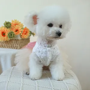 Elegant white lace and pink tulle pet princess dress for small dogs and cats