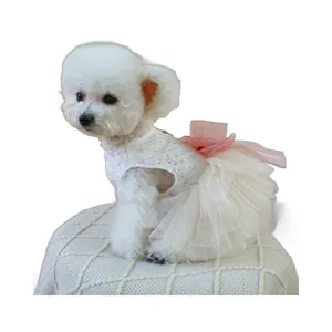 Elegant white lace pet princess dress with a large pink satin bow for small dogs