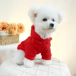Macro detail of the bright red pet hoodie with hood design and button closure for small dogs