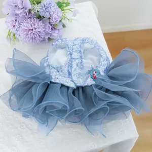 Detailed view of light blue pet dress with sequined vest and layered mesh tutu skirt