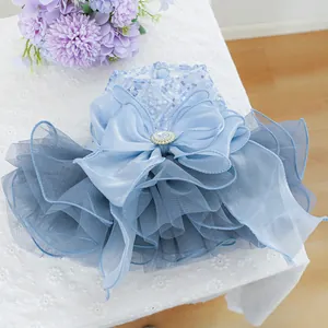 Blue sequined pet wedding dress with large bow and multilayer mesh tutu for dogs and cats