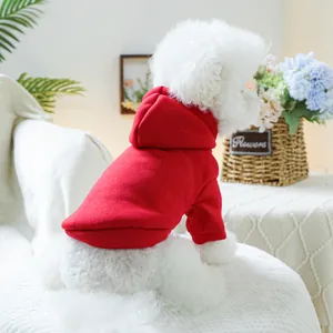 Detailansicht der Rückseite eines roten Hunde-Hoodies an einem weißen Pudel zu Hause