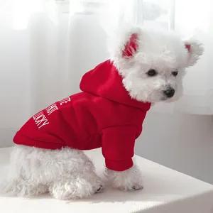 Detail of red pet hoodie for small dogs with white I AM HOT LUCKY lettering on cotton fabric
