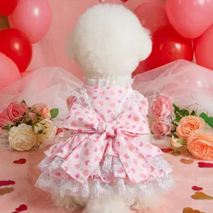 Pet Dog Cat Princess Dress Floral Heart Pattern Lace Ruffles Bowknot Summer Clothing Small Dog Puppy Kitten Dresses With Leash Attachment