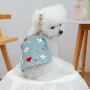 Blue denim pet vest with daisy and heart embroidery for small dogs and cats