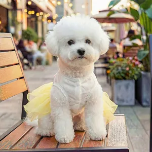 Detailed close-up of a white and yellow pet tutu dress on a small Bichon dog