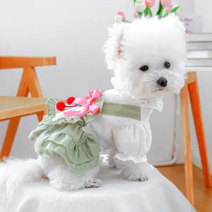 Cute cherry cake dog dress with waffle fabric and green tiered skirt for small dogs