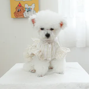 Dettaglio di un elegante vestito per animali in tweed con colletto in pizzo e fiocco in tulle