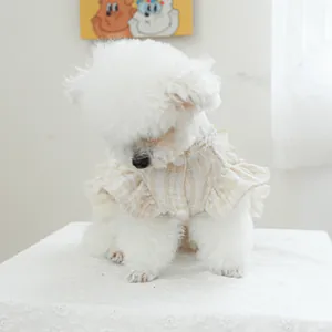 Dettaglio dell'abito per cani a quadretti gialli con balze su un Bichon bianco