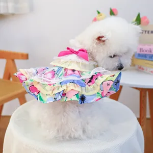 Cute dog floral dress with pink bow and lace ruffles on a white Bichon Frise