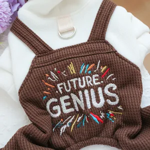 Detailopname van het FUTURE GENIUS borduursel op de wit-bruine hoodie voor huisdieren