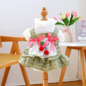 Cute green cherry cake dog dress with ruffles and bows for small medium pets