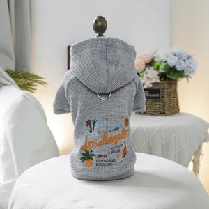 Dark gray waffle knit pet hoodie with orange Los Angeles embroidery and D-ring harness