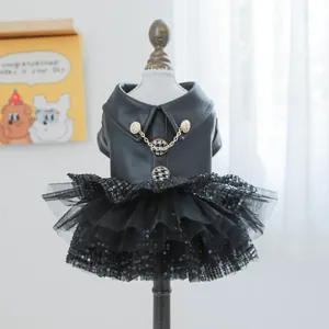 Luxe Zwarte Huisdier Hond Jurk PU Leer Pailletten Gaas Tutu Rok Gouden Ketting Knopen Voor Kleine Honden Katten Feestkleding
