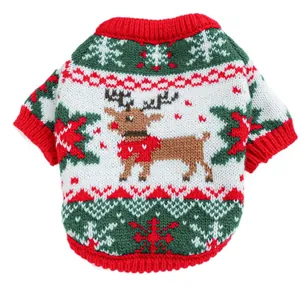 Christmas reindeer pet sweater with festive snowflake patterns in red and green