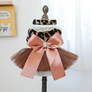 Elegant Leopard Plush Pet Dress With Satin Bow Tulle Mesh Skirt Artificial Pearl Decor Princess Wedding Party Clothes For Dogs Cats