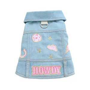 Hellblaue Haustier-Jeansweste mit rosa Howdy-Stickerei und Patches für Hunde und Katzen