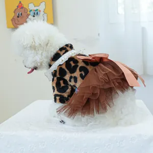 Cute leopard print pet dress for small dogs with pearl lace collar and brown satin bow