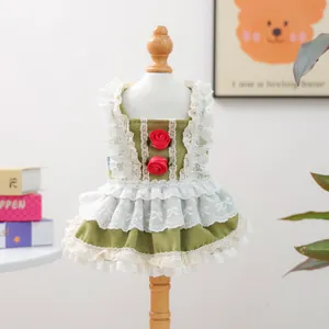 Détail de robe verte pour animaux avec couches de dentelle et broderie de rose