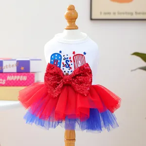 Patriotic USA themed dog dress with sequin bow and tiered tutu skirt for small pets