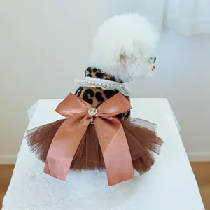 Elegant leopard print pet dress with brown tulle skirt and satin bow for small dogs