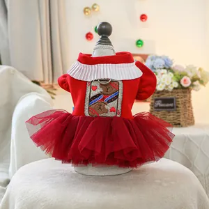 Detail of red pet dress with bear embroidery, frill collar, and mesh tutu skirt