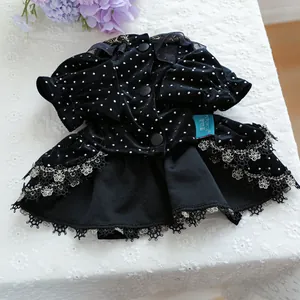 Détail de la robe pour animal en velours noir à pois avec dentelle et broderie argentée