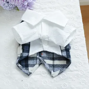 Close-up of pet formal shirt with blue plaid patterns and button collar detail