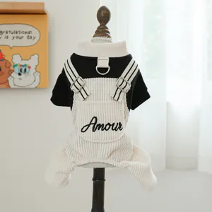 Pet Dog Cat Jumpsuit Corduroy Overalls With Leash D-Ring Amour Letter Embroidery Adjustable Straps Casual Puppy Kitten Apparel