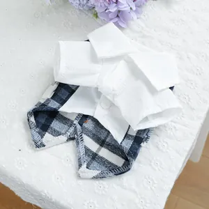 Detail of pet shirt with white polo collar, vertical texture and blue plaid pattern
