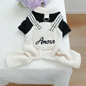 Cute pet dog jumpsuit with black knit top and white striped corduroy overalls