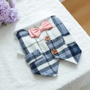 British style blue plaid pet harness vest with pink bowtie and metal D-ring attachment