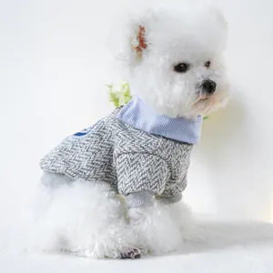 Grey knit pet sweater with faux layered shirt collar for small dogs like Bichon
