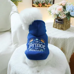 Détail d'un sweat à capuche bleu roi pour chien avec broderie couronne en fil d'or