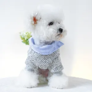 Gray chunky knit pet sweater for dogs and cats with a blue striped shirt collar