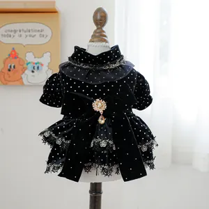 Robe de Luxe pour Chien Chat Noir à Pois Velours Dentelle Nœud Vêtements de Mariage Fête pour Petits Chiens Chats Chaton